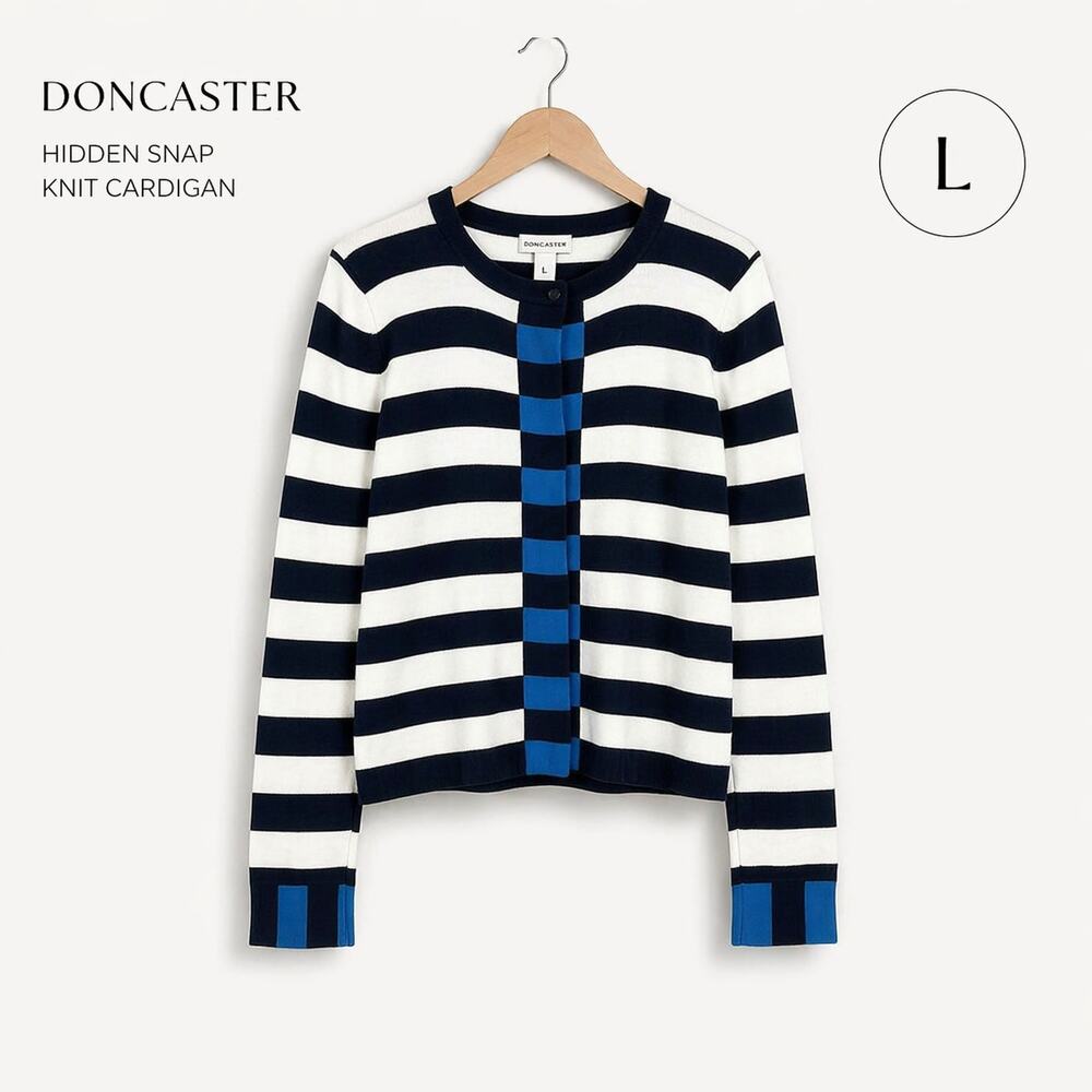 Doncaster Stripe Knit Cardigan Cotton Blend Hidden Snap Blue White Large